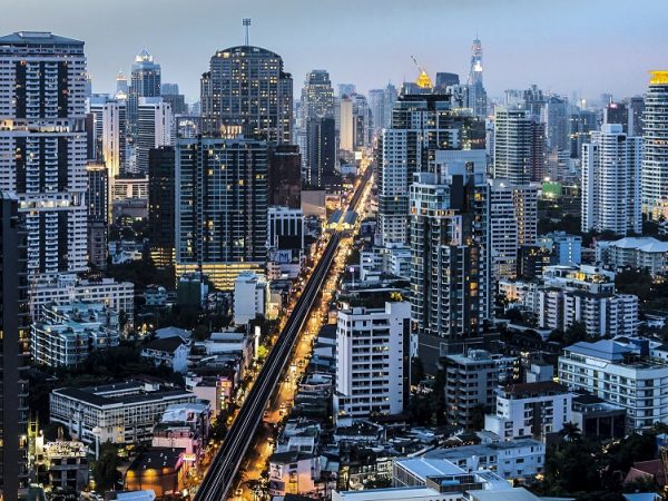 Bangkok city center night view from rooftop on sukhumvit road