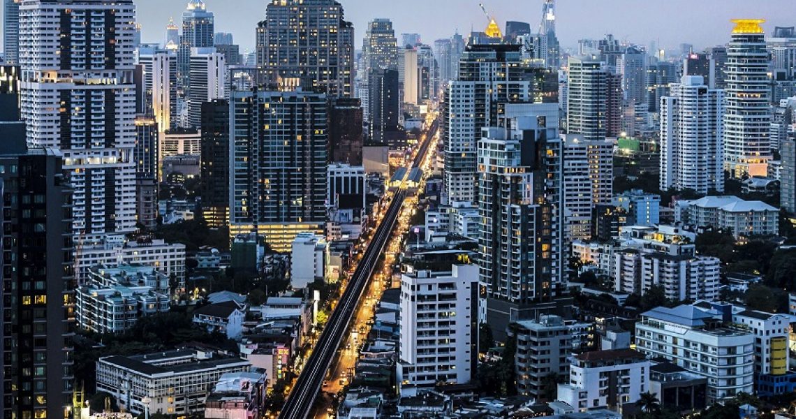 Bangkok city center night view from rooftop on sukhumvit road